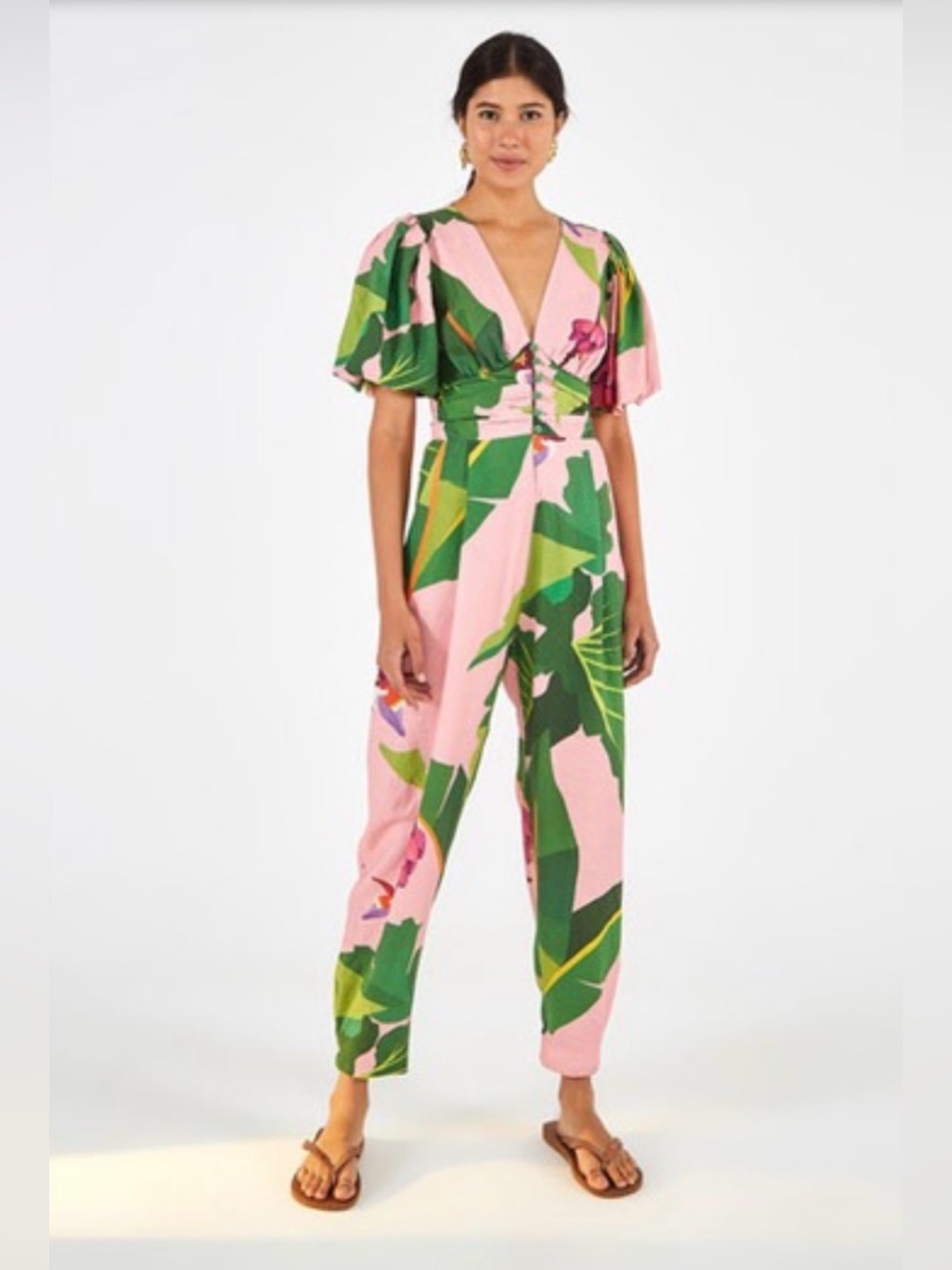 FARM Rio Tropicalistic Anthropologie puff sleeve open back linen jumpsuit M - Picture 9 of 11